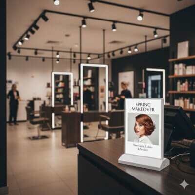 Présentoir LED sans fil dans un salon de coiffure