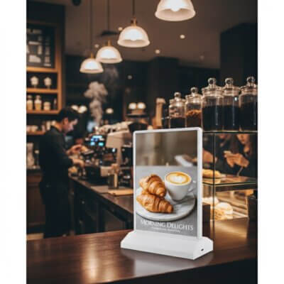 Présentoir LED sans fil dans un bar pour menu